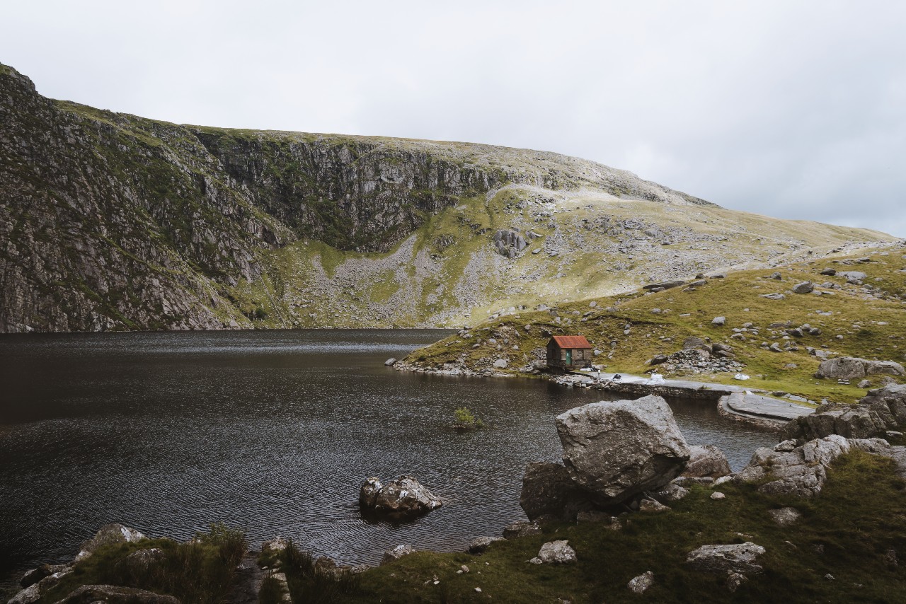 Cliff faces behind the lake in the Carneddau